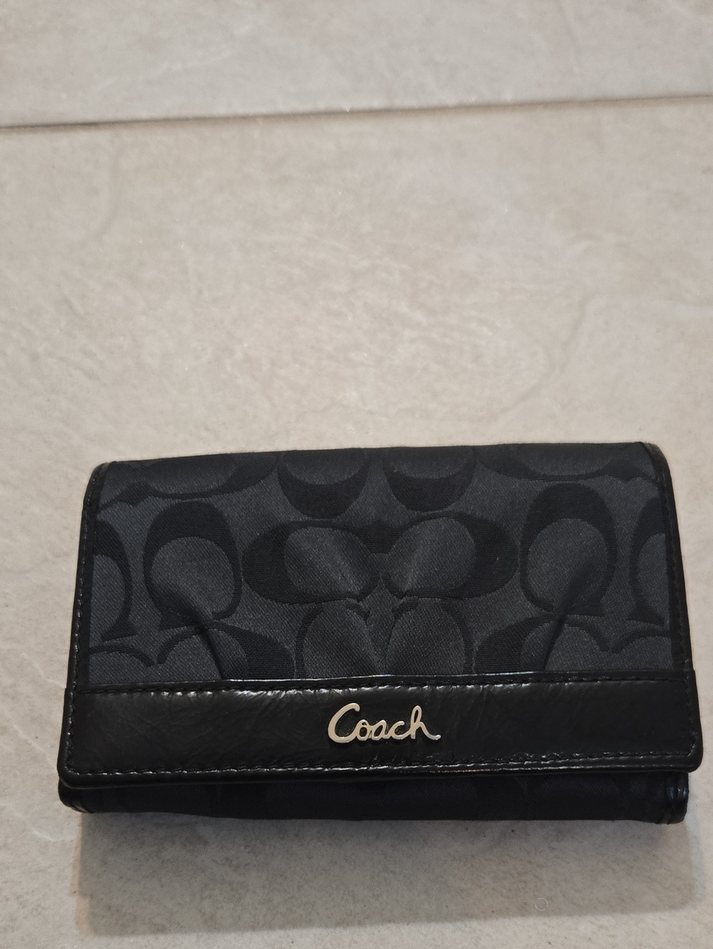 Coach Black Signature Trifold Wallet with Logo Plaque